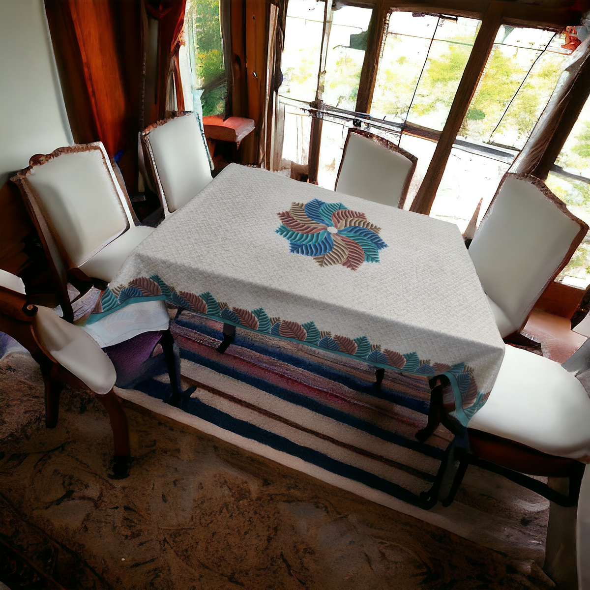 Greenish Rainbow printed cotton table cover in green - image 11