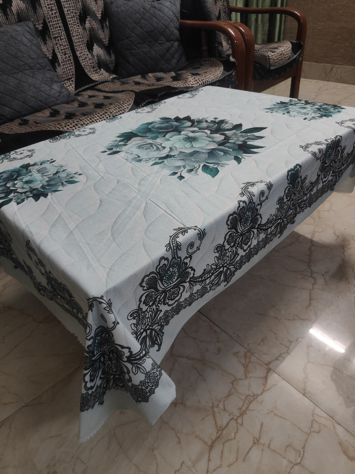 Light Blue Flowers printed cotton table cover in blue - image 2