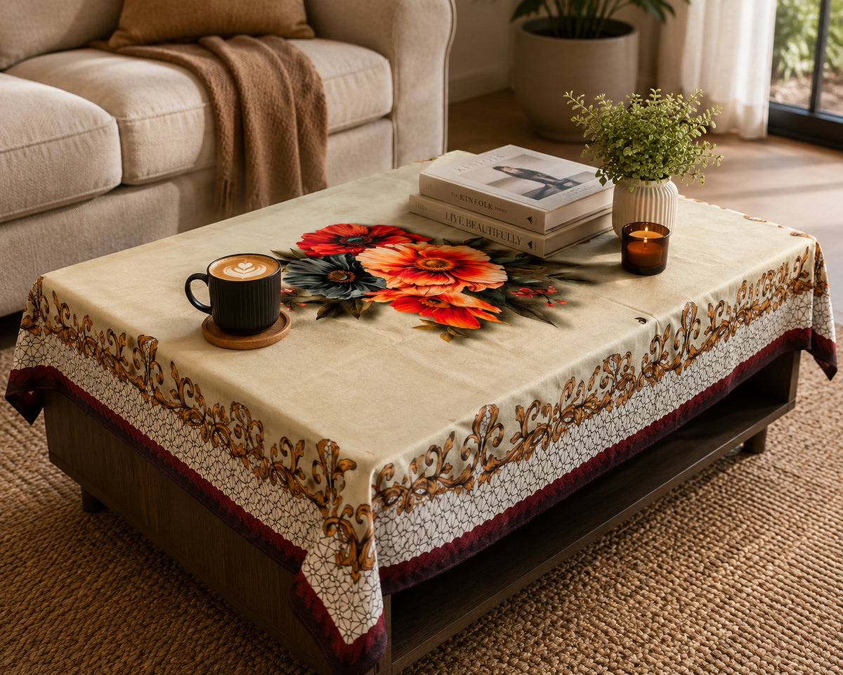 Maroon Daisy printed cotton table cover in red - image 7