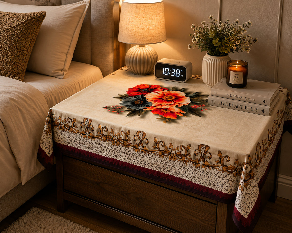 Maroon Daisy printed cotton table cover in red - image 10