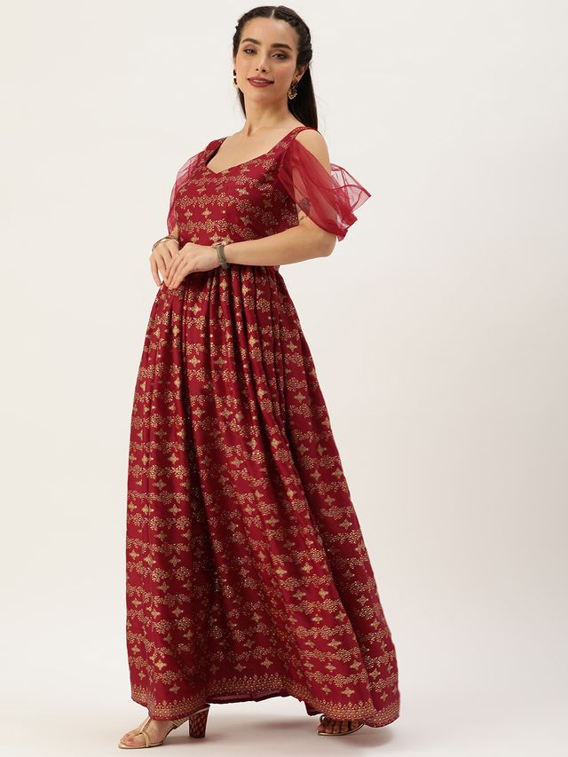 Bollywood Vogue Ready To Wear Maroon Art Silk Foil Printed Gown