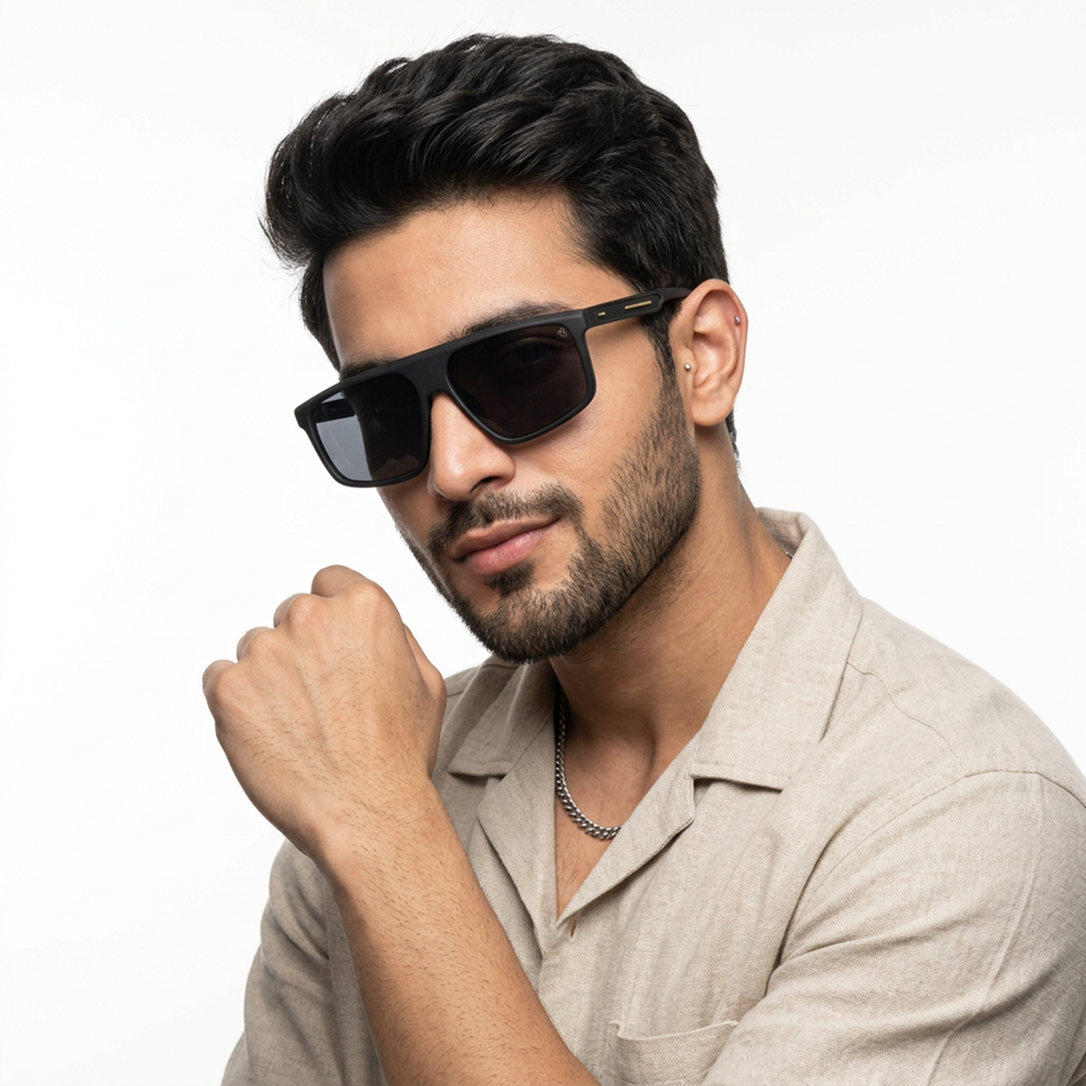 Eyejack Crossline Black Rectangle Sunglasses for Men and Women - Style 2057 - worn by a male model (image 1)
