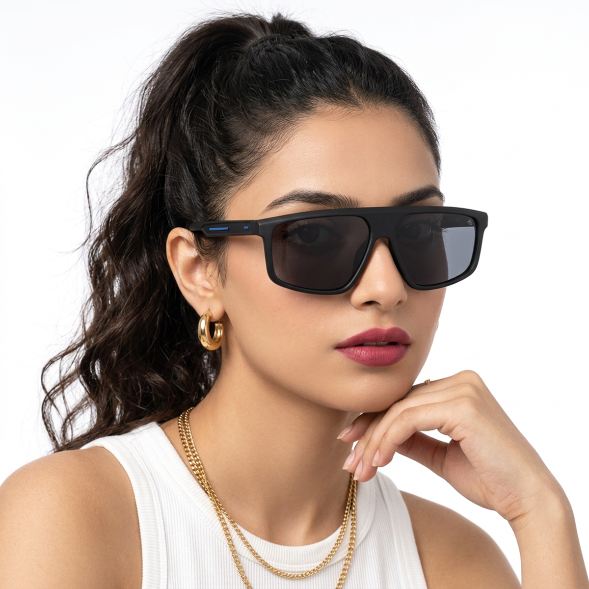 Eyejack Crossline Black Rectangle Sunglasses for Men and Women - Style 2058 - worn by a male model (image 3)