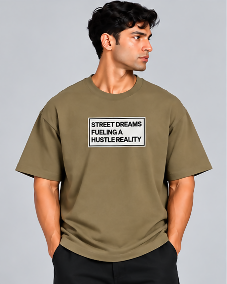HUSTLE Men's Crew Neck Oversized Tees - Khaki