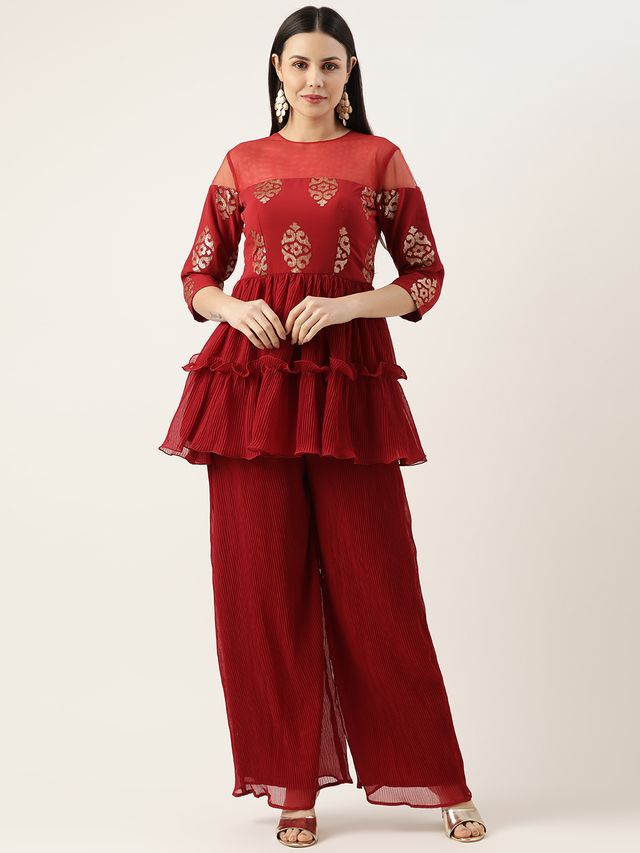 Bollywood Vogue Ready To Wear Maroon Georgette Sequins Wide Leg Pant Set