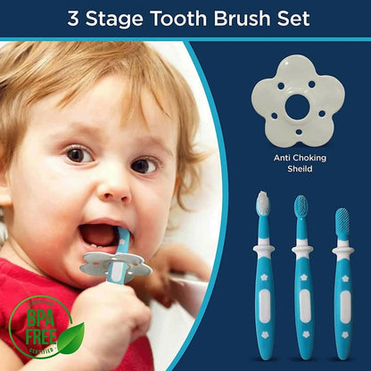 Luvlap baby 3 stage training toothbrush set with anti choking shield baby oral hygiene (blue) - HalfPe