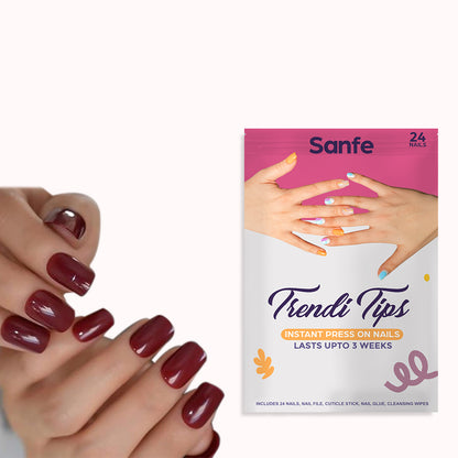 Sanfe Instant Press On Nails - Bloody Marry | 24 Reusable Artificial Fake Nail Set/Extensions | Quick, Lightweight, Salon Look, Lasts upto 3 weeks | For Festivals & Special Occasions