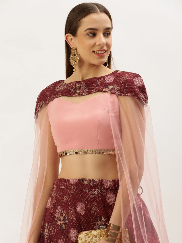 Bollywood Vogue Ready To Wear Wine Georgette Printed Cape Lehenga Set