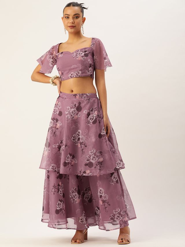 Bollywood Vogue Ready To Wear Mauve Organza Digital Printed Co ords Set
