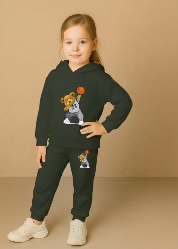 Kids Hooded Sweatshirt & Jogger Set – Basketball Bear Print Casual Wear (Green) Luck Fashion