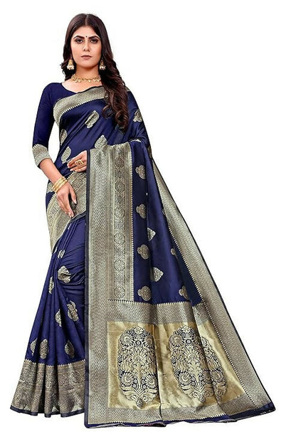 AXONIT Jacquard Silk Saree with Heavy Golden Zari Butta & Antique Gold Border
