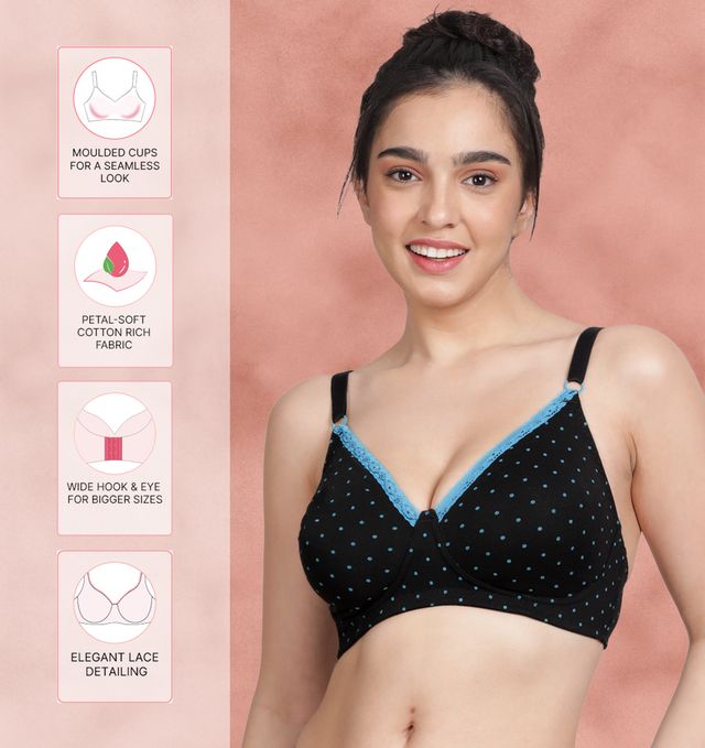 Susie 3/4th Coverage BlackBeauty Blue Polka Printed Adjustable, Non Detachable Non Padded wirefree Bra