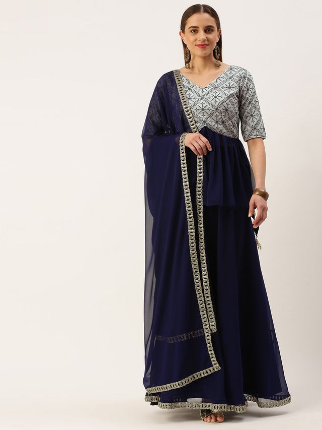 Bollywood Vogue Ready To Wear Grey N Blue Long Choli Lehenga Set