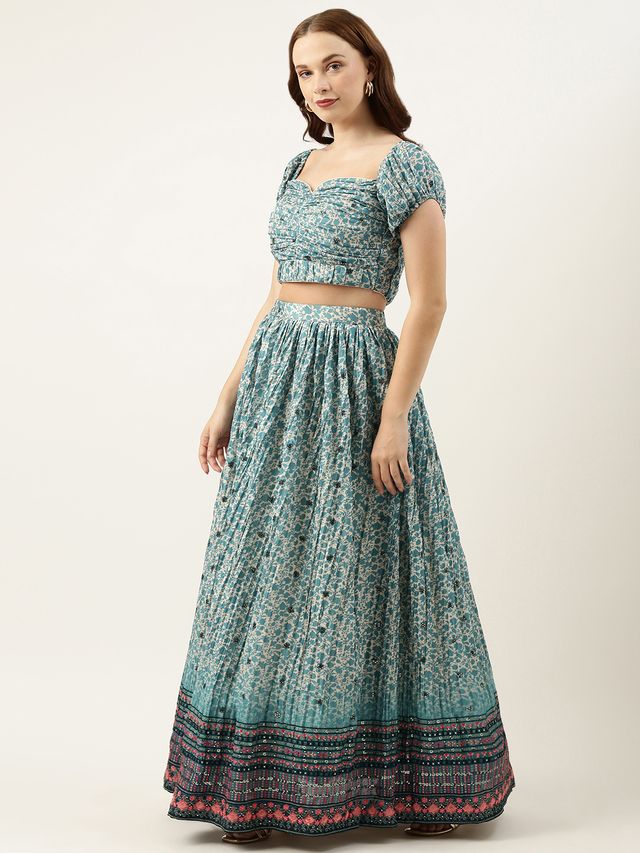 Bollywood Vogue Ready To Wear Cream and Blue Printed N Embroidered Lehenga Set