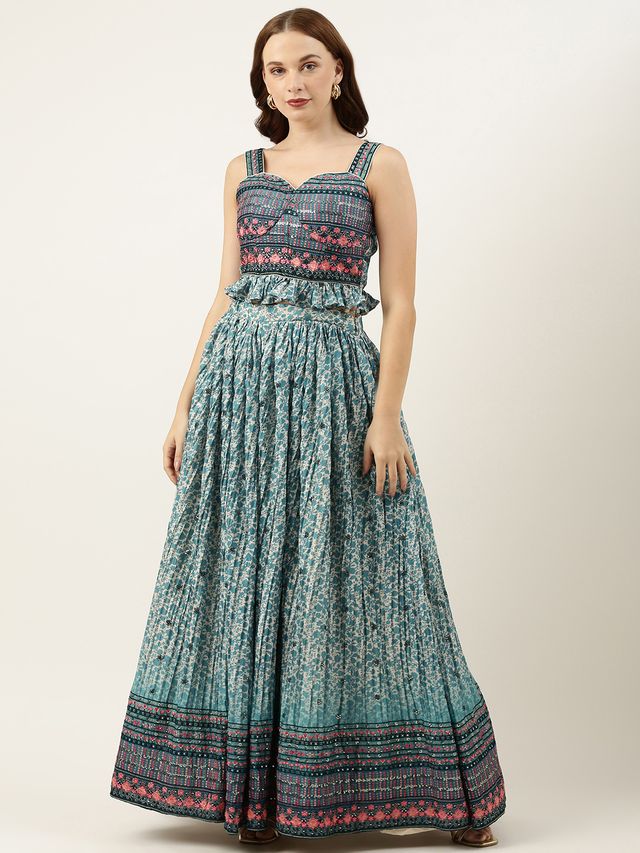 Bollywood Vogue Ready To Wear Cream and Blue Printed N Embroidered Skirt Set