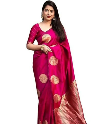 AXONIT Traditional Banarasi Silk Saree with Golden Zari Border & Pallu