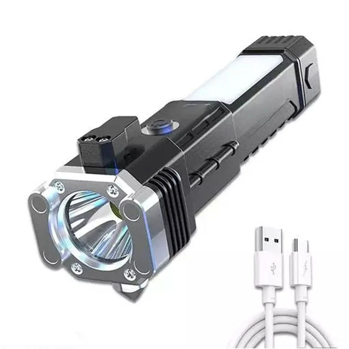 Portable 3w Rechargeable Torch Led Flashlight Long Distance Beam Range Hammer And Strong Magnets Window Glass And Seat Belt Cutter 4 Modes For Car Camping Hiking Indoor Outdoor HP DD