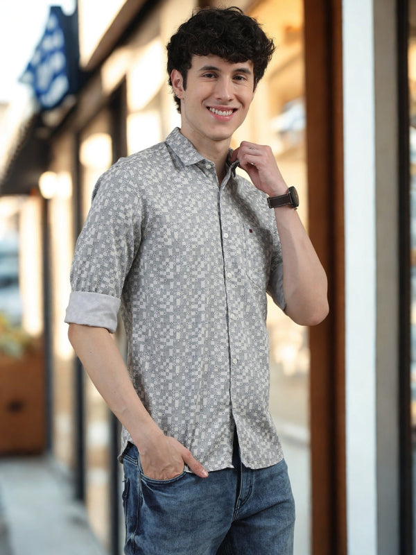 Men Light Grey Slim Fit Printed Full Sleeve Casual Shirt Cool Colors