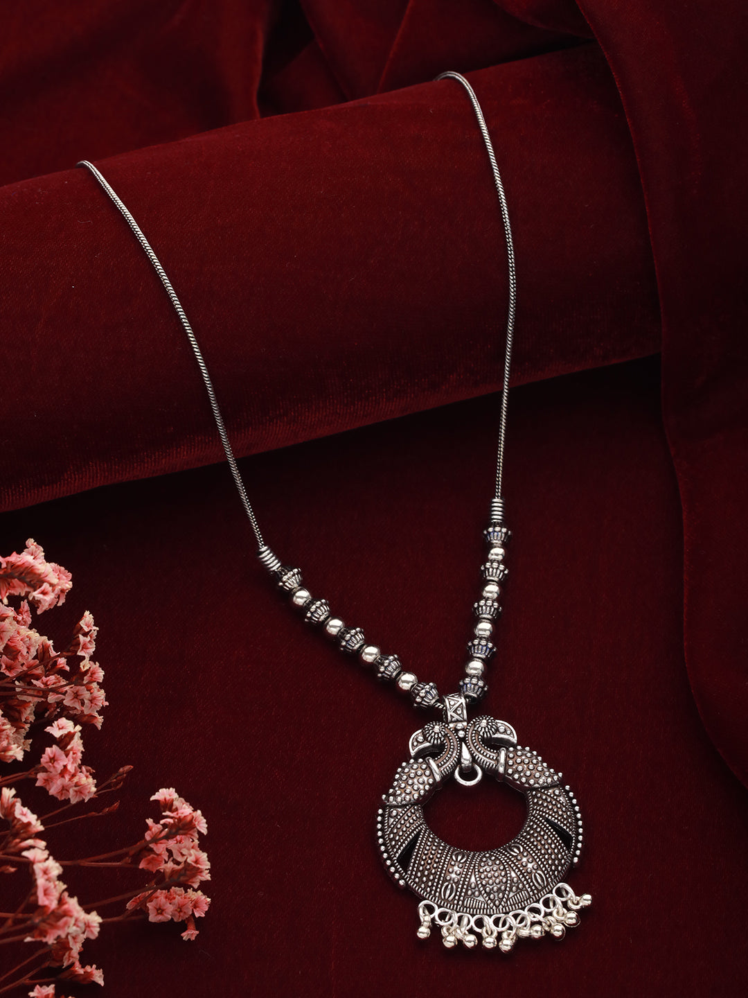 Brasssilver-Plated Oxidised Peacock Shaped Necklace