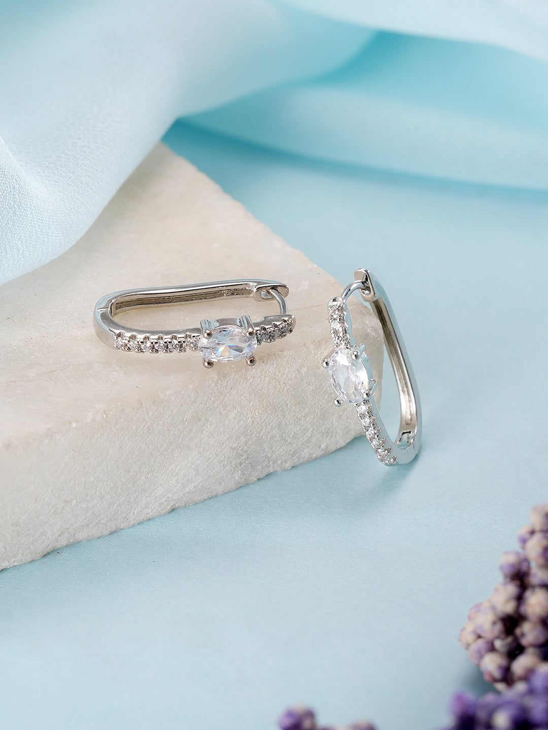 Jazz And Sizzle Silver-Plated & White AD Studded Circular Hoop Earrings
