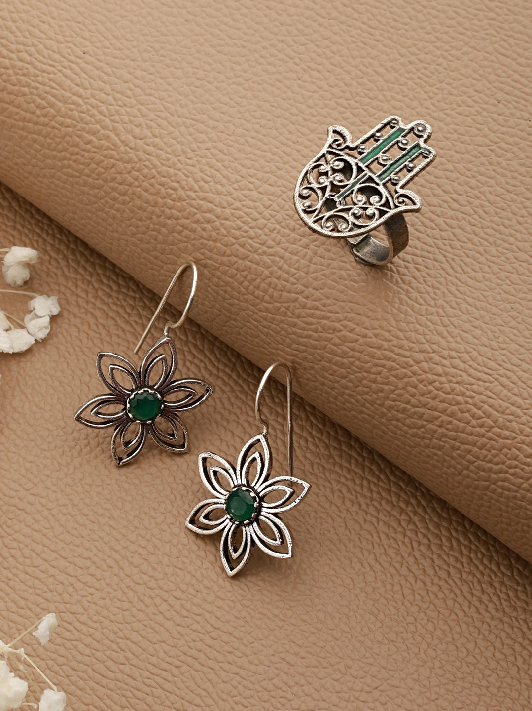 Set Of 2 Floral Shaped & Green Stone Studded Drop Earrings With Hamza Adjustable Ring