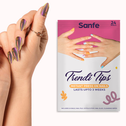 Sanfe Instant Press On Nails - Brown Chrome | 24 Reusable Artificial Fake Nail Set/Extensions | Quick, Lightweight, Salon Look, Lasts upto 3 weeks | For Festivals & Special Occasions