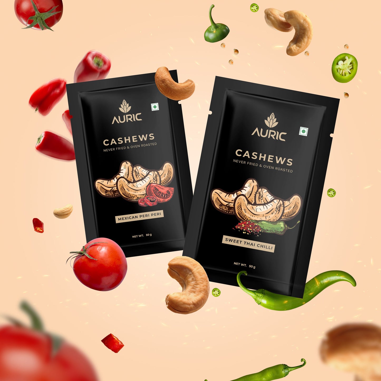 Auric Flavoured Cashews Combo Pack of Mexican Peri Peri & Sweet Thai Chilli  with Never Fried & Oven Roasted Mangalore Kaju 50g x 2 (100g) Zenith Drinks