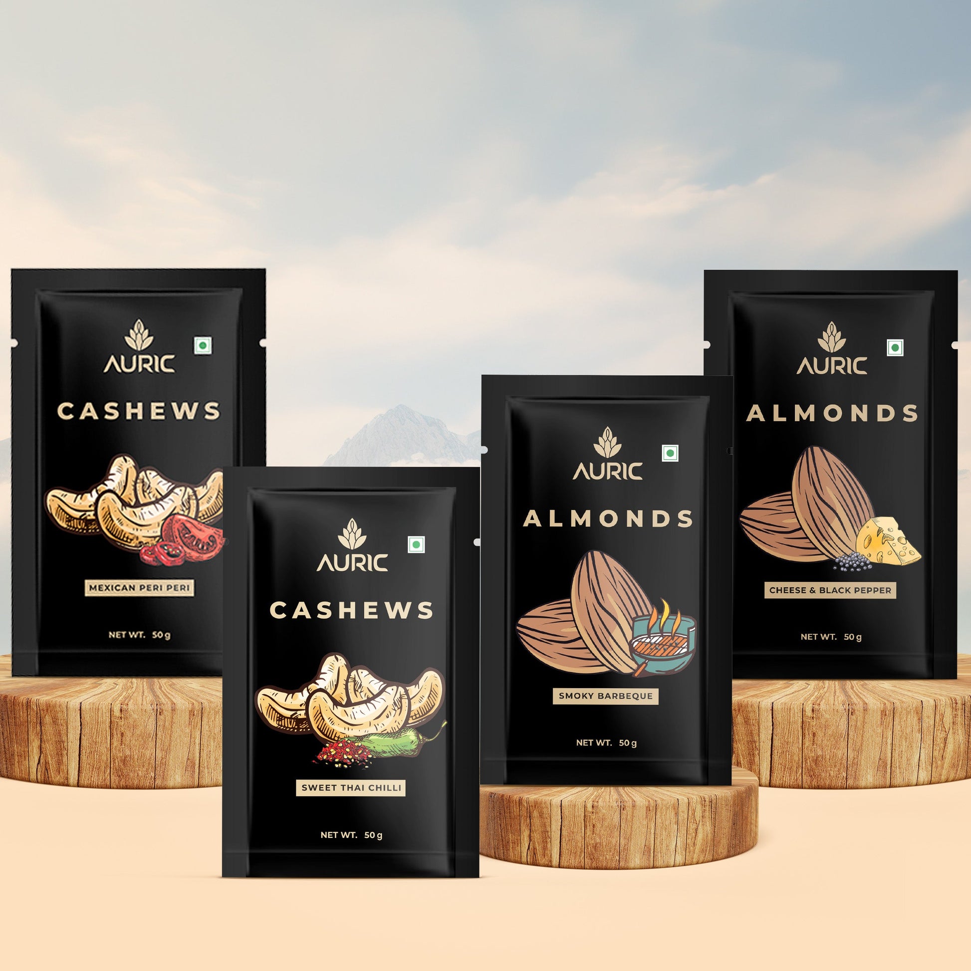 Auric Flavoured Nuts Combo Pack of  Almonds & Cashews (Cheese & Black Pepper, Smoky Barbeque, Sweet Thai Chilli & Mexican Peri Peri) with Steamed & Oven Roasted  50g x 4 (200g) Zenith Drinks