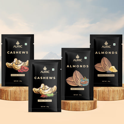 Auric Flavoured Nuts Combo Pack of  Almonds & Cashews (Cheese & Black Pepper, Smoky Barbeque, Sweet Thai Chilli & Mexican Peri Peri) with Steamed & Oven Roasted  50g x 4 (200g) Zenith Drinks