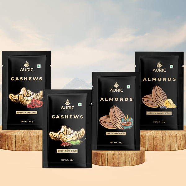Auric Flavoured Nuts Combo Pack of  Almonds & Cashews (Cheese & Black Pepper, Smoky Barbeque, Sweet Thai Chilli & Mexican Peri Peri) with Steamed & Oven Roasted  50g x 4 (200g) Zenith Drinks