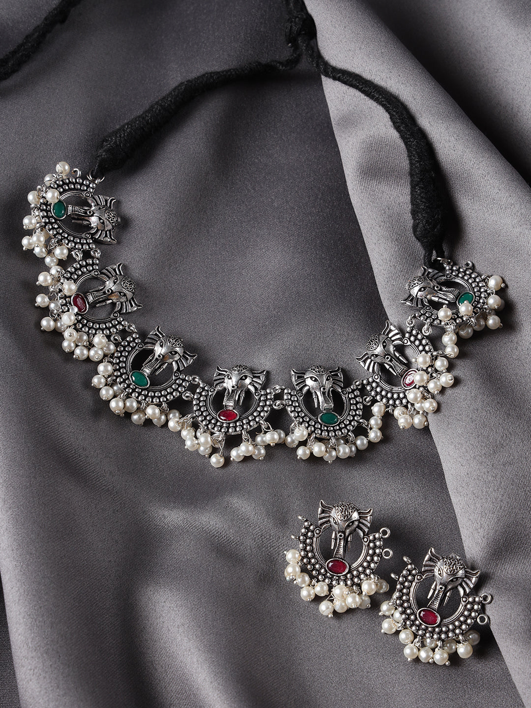 Oxidised Silver-Plated & Green Stone-Studded & Beaded Traditional Jewellery Set