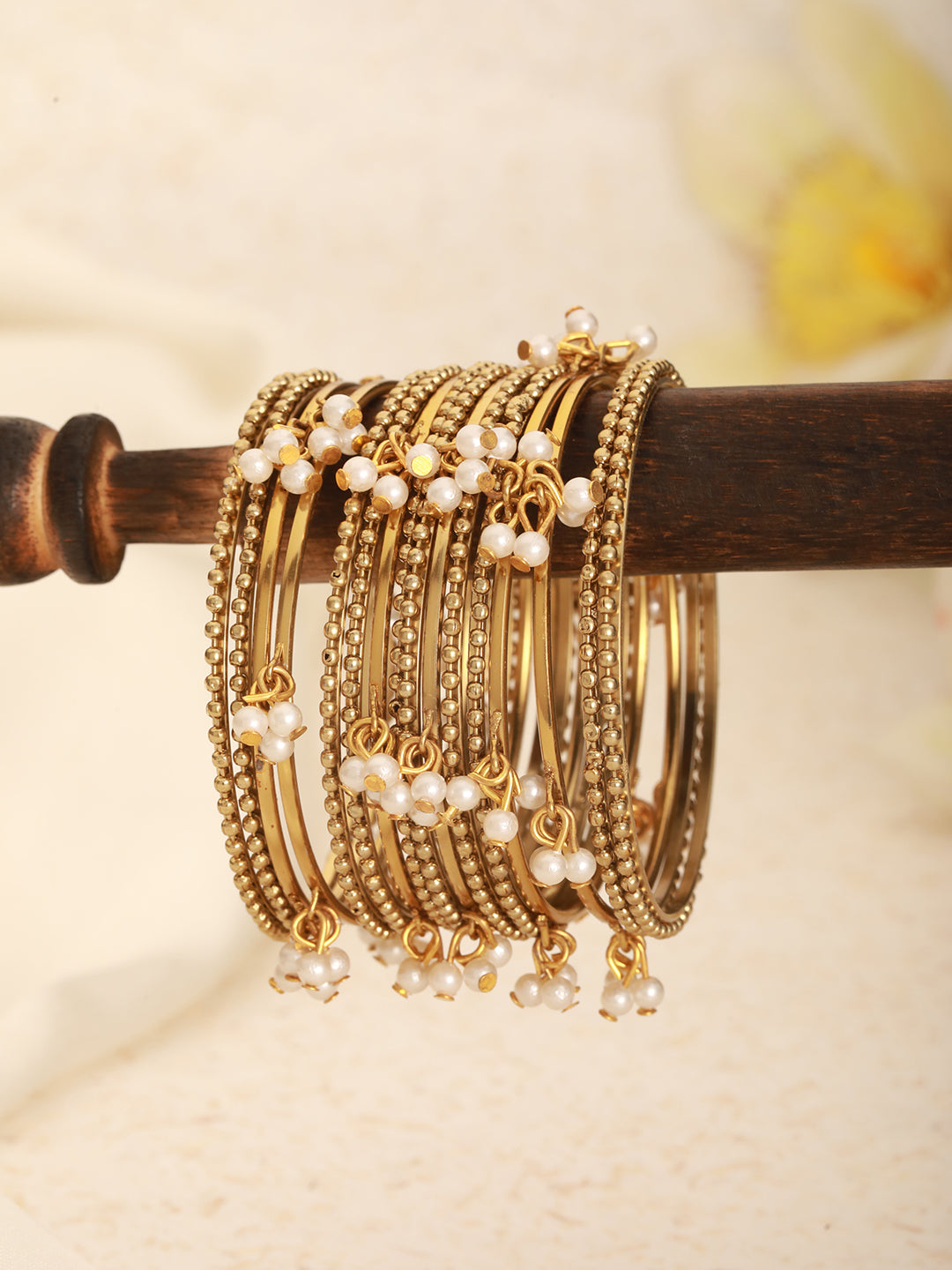 Set Of 12 Gold-Plated & Mogra Pearl Beaded Bangles