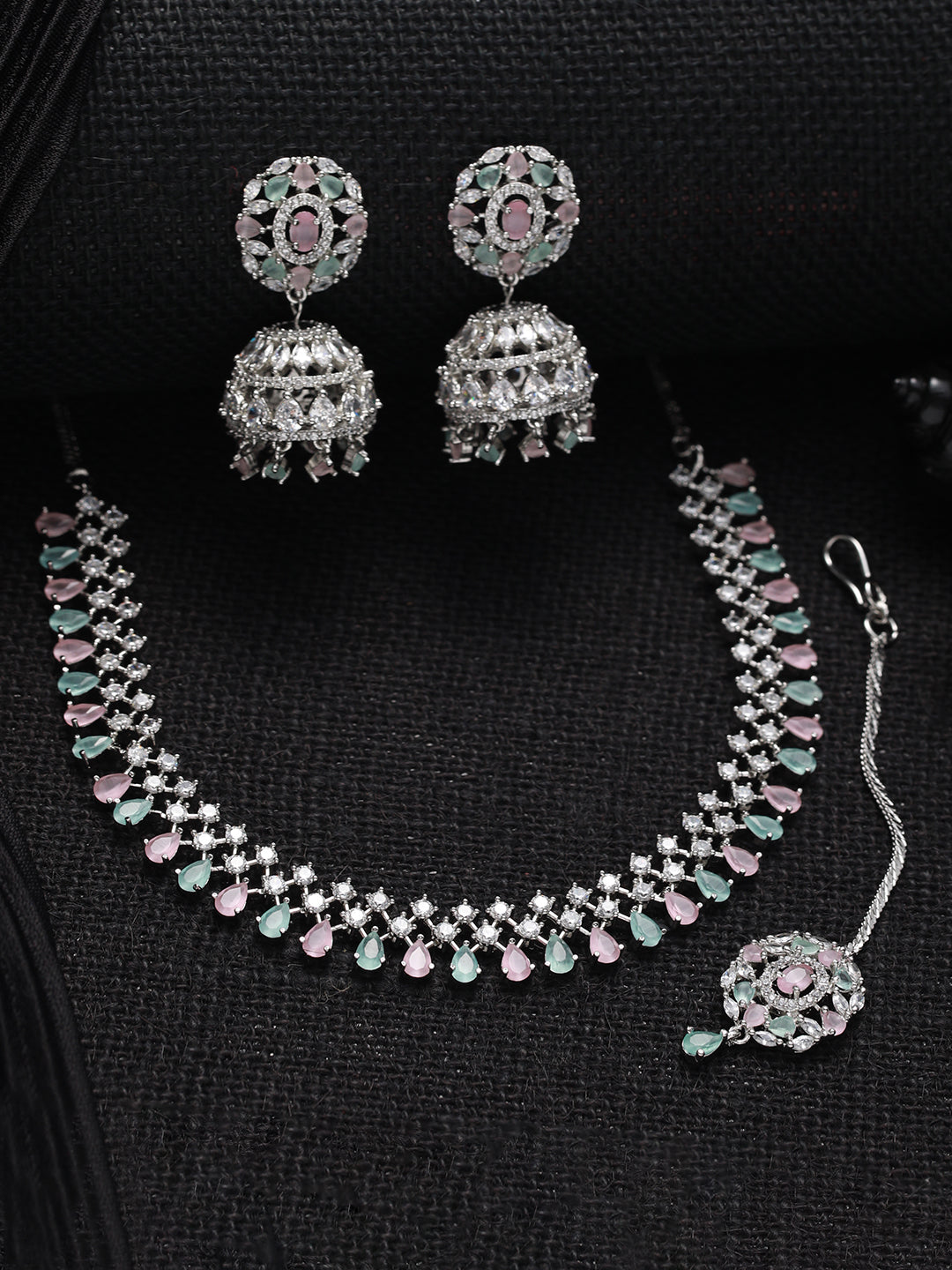 Silver Plated Pink & Mint Green American Diamond Studded Handcrafted Necklace Set With Maangtikka
