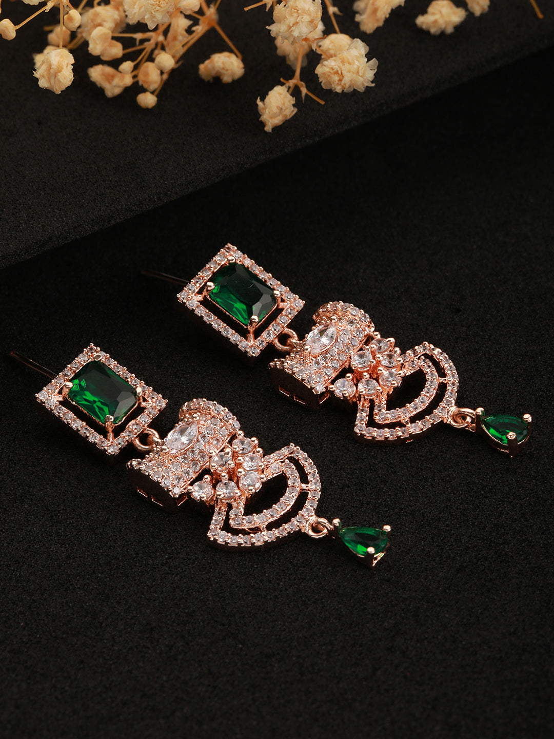 Green & Rose Gold Plated Ad Studded Rectangular Drop Earrings