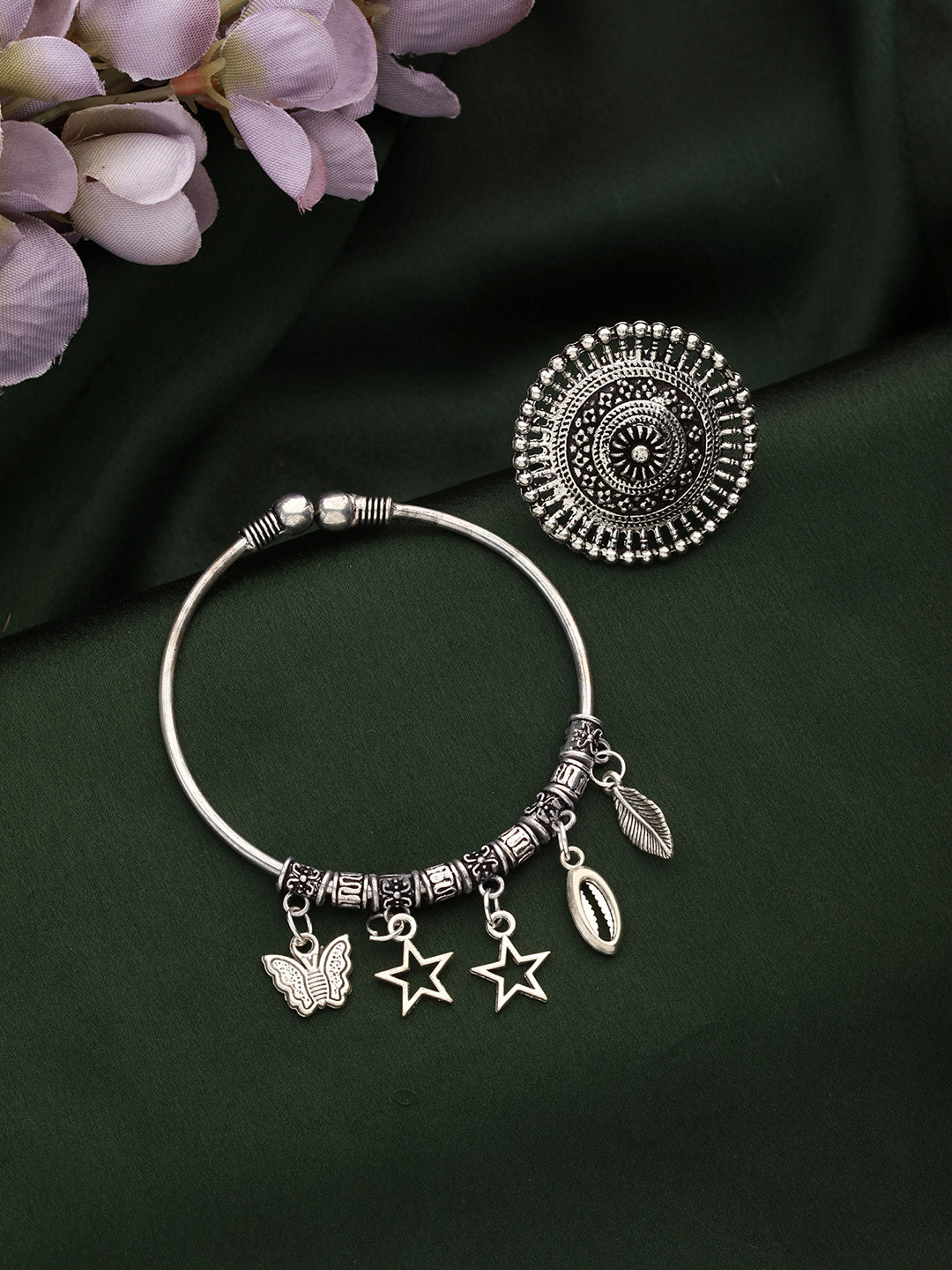Set Of 2 Oxidised German Silver-Plated Charm Bracelet & Ring