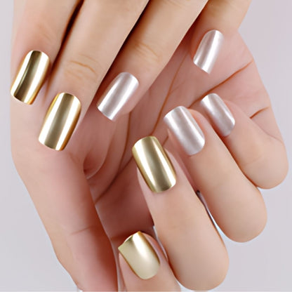 Sanfe Instant Press On Nails - Silver & Golden Chrome | 24 Reusable Artificial Fake Nail Set/Extensions | Quick, Lightweight, Salon Look, Lasts upto 3 weeks | For Festivals & Special Occasions