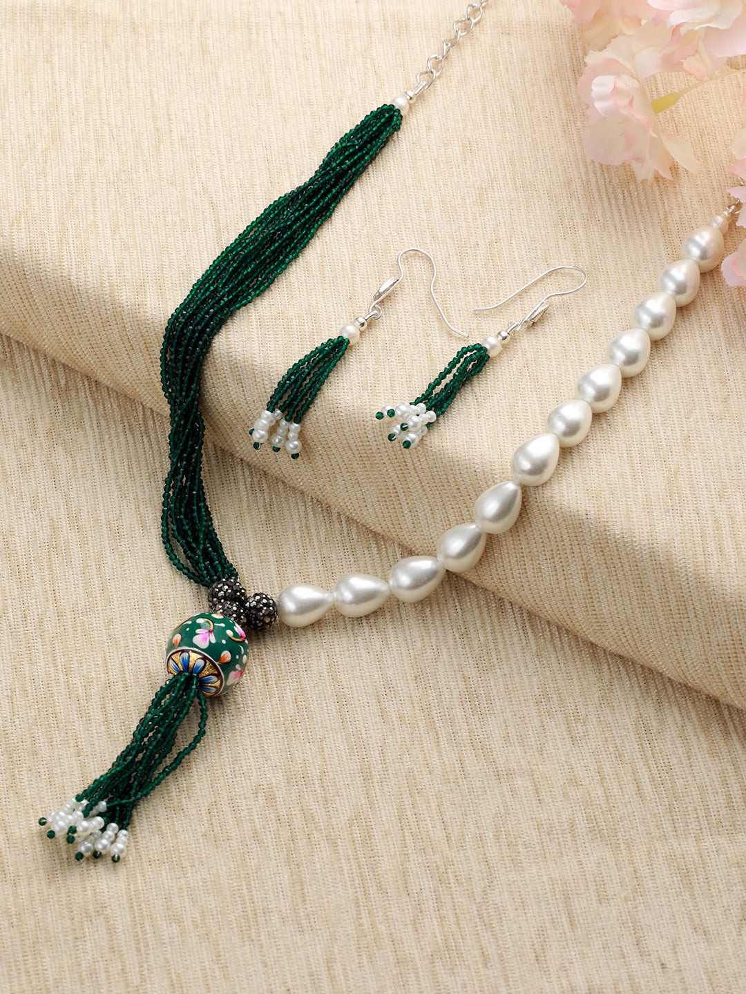 Silver-Plated Beaded Necklace And Earrings