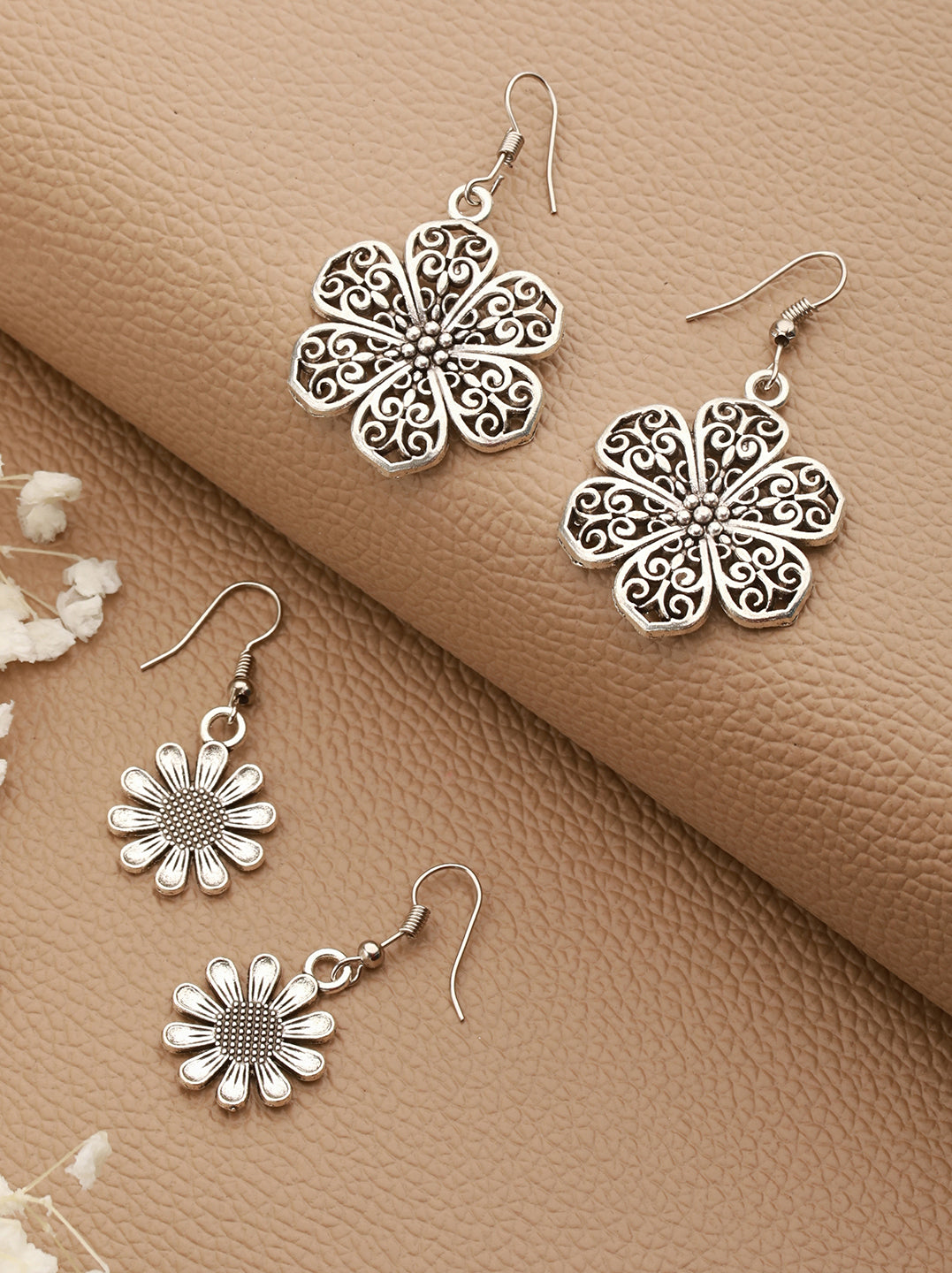 Set Of 2 Silver Plated Floral Shaped Drop Earrings