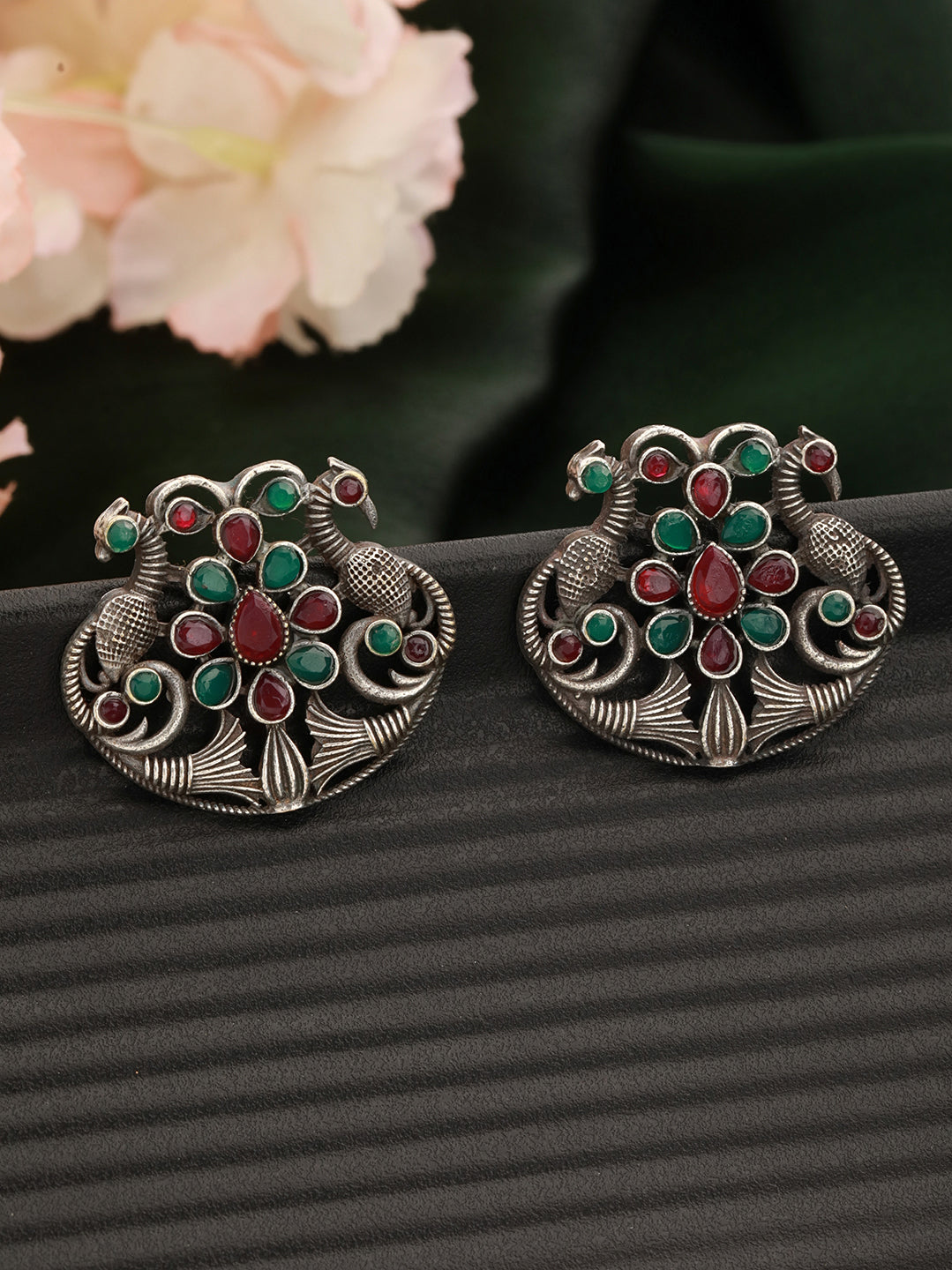 Silver Plated Green & Red Stone Studded Peacock Shaped Stud Earrings