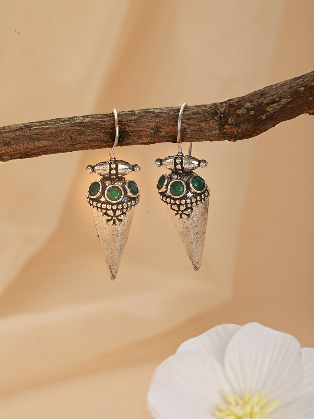 Silver Plated & Green Stone Studded Oxidized Classic Drop Earrings
