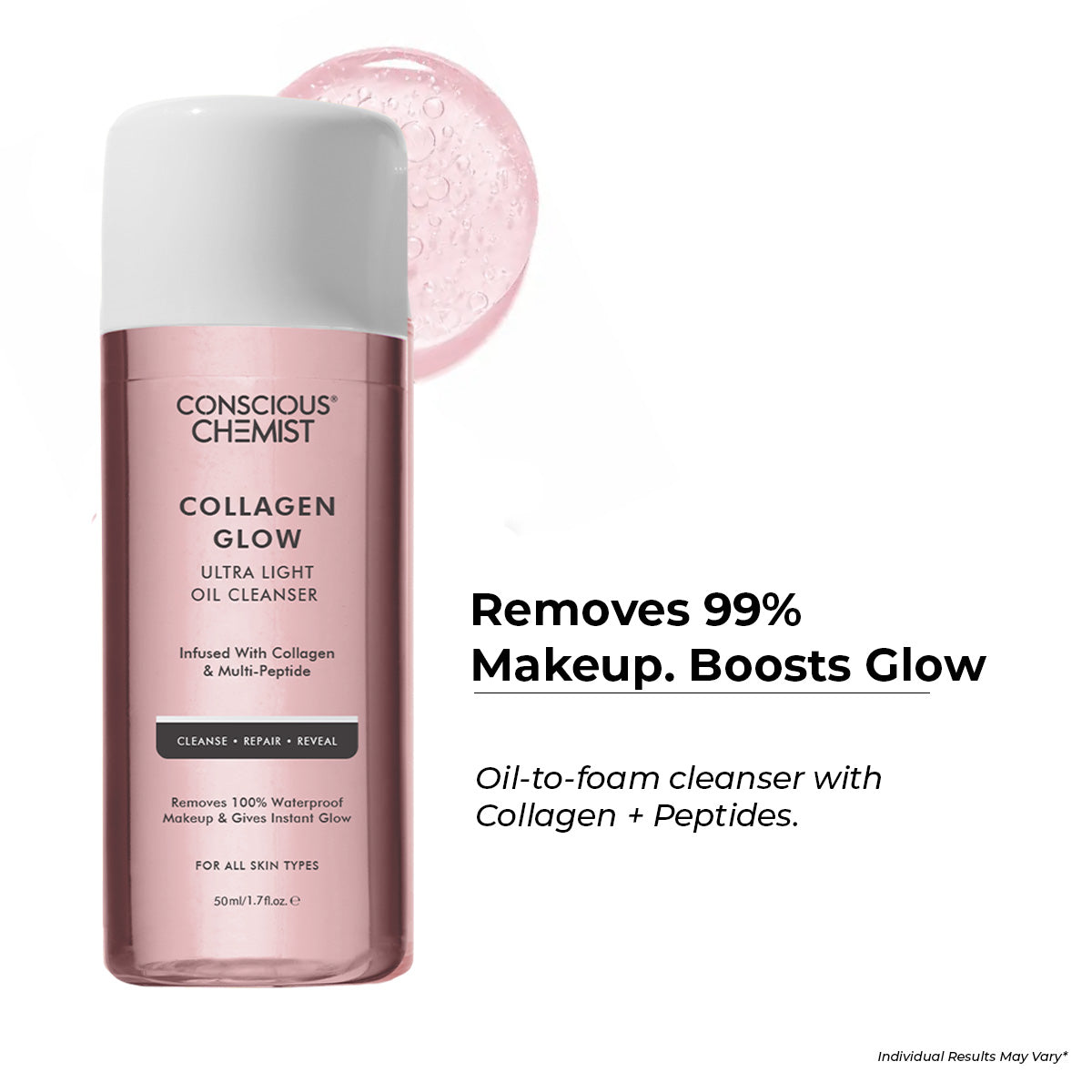 Conscious Chemist Collagen Glow Ultra Light Oil Cleanser | Makeup Remover with Hydrolyzed Collagen (50 ml)
