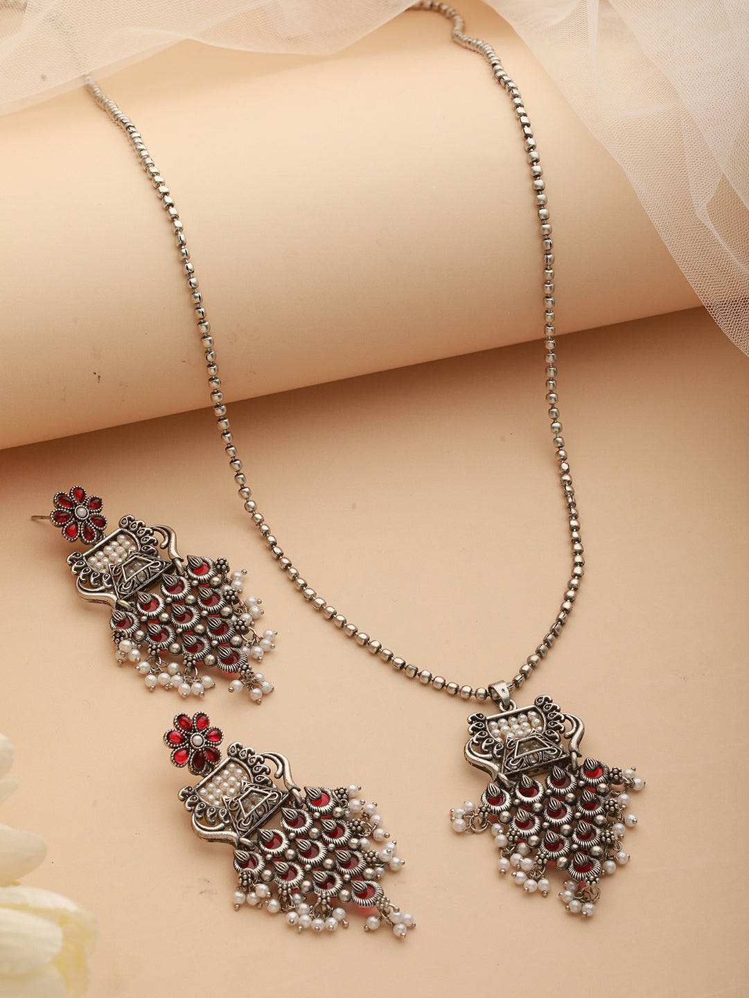 Silver-Plated Red Stone Studded & Pearl Beaded Oxidised Jewellery Set