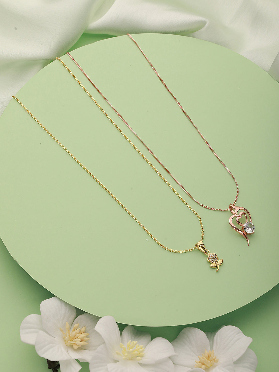 Set Of 2 Gold Plated & Rose-Gold Plated Cz-Studded Pendant With Chain