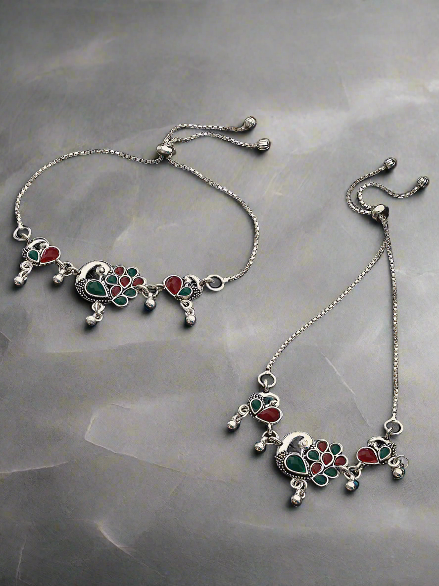 Set Of 2 Silver-Plated Stone-Studded Anklets