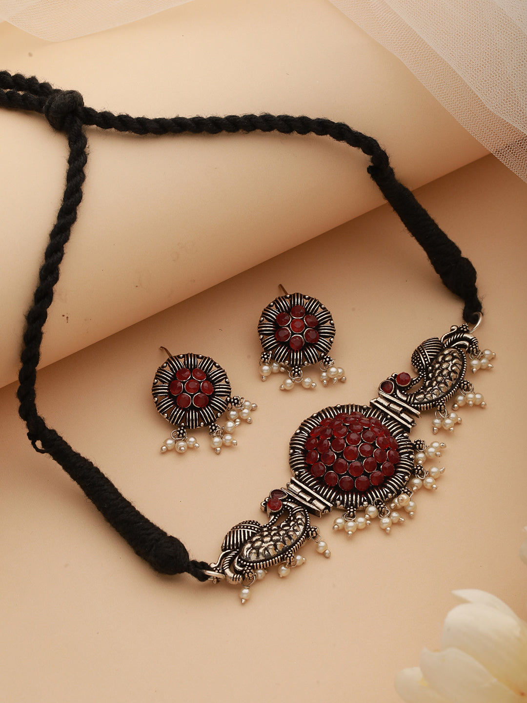 Silver Plated Red Stone Studded & Pearl Beaded Oxidised Peacock Shaped Jewellery Set