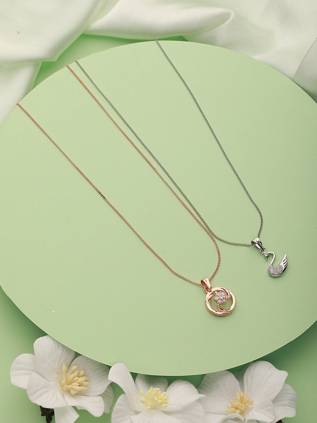 Set Of 2 Rose Gold Plated & Silver Plated Cz-Studded Pendant Chain