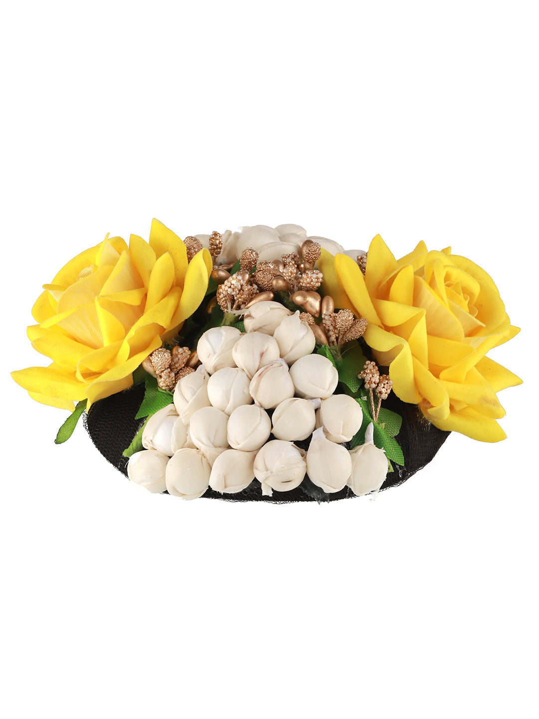 Women Yellow Rose & White Mogra Embellished Artificial Flower Gajra Designed Hair Bun Cover