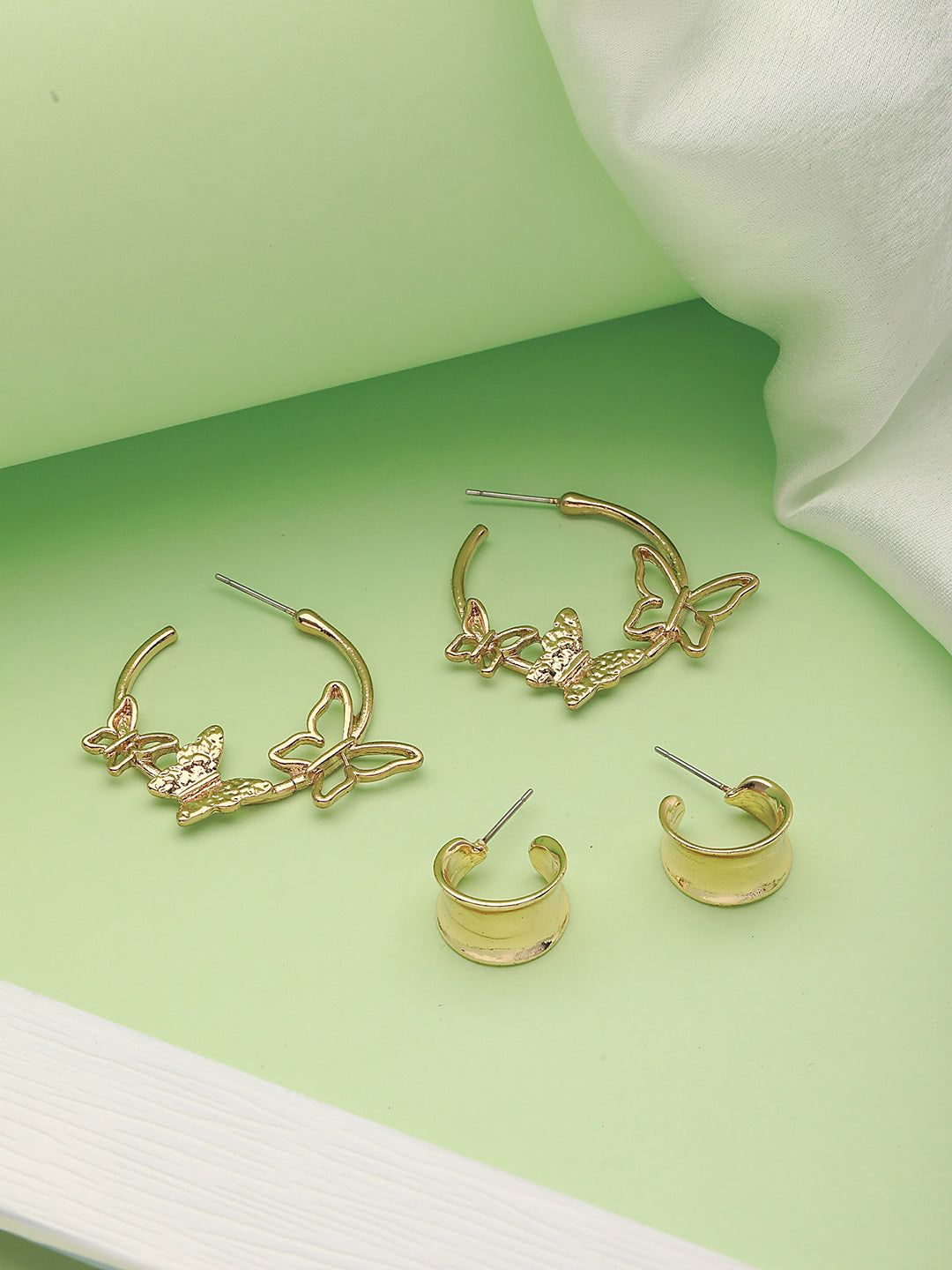 Set Of 2 Gold-Toned Butterfly Shaped Half Hoop Earrings