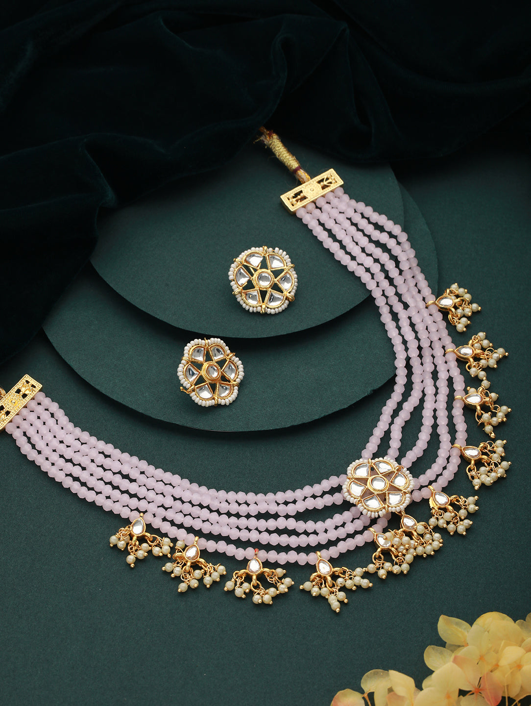 Gold-Plated Kundan-Studded & Beaded Necklace & Earrings