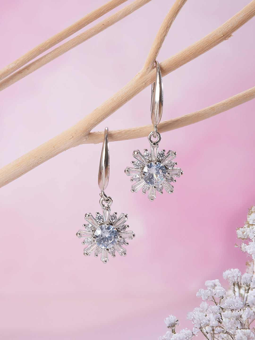 Jazz And Sizzle Rhodium Plated Floral Shaped Drop Earrings